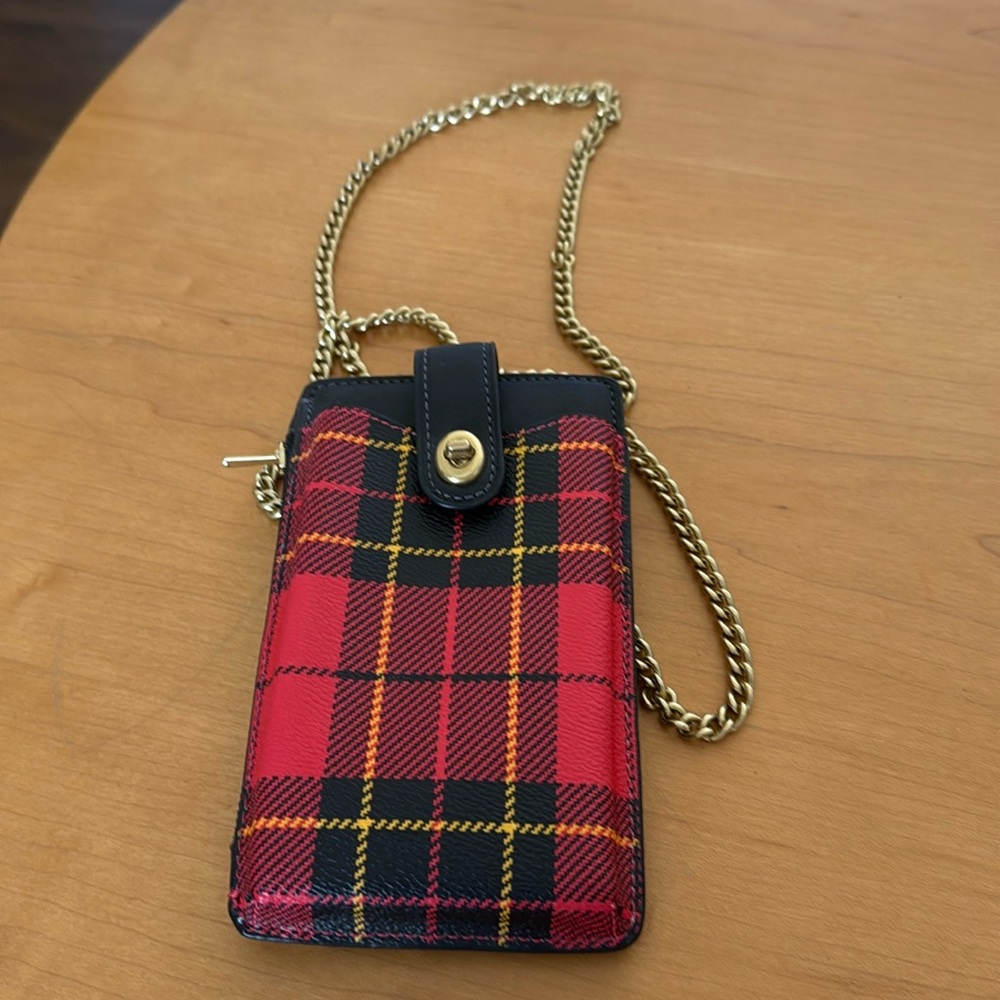 Coach Turnlock Chain Phone Red Multi Crossbody Plaid Print Bag Case Holiday